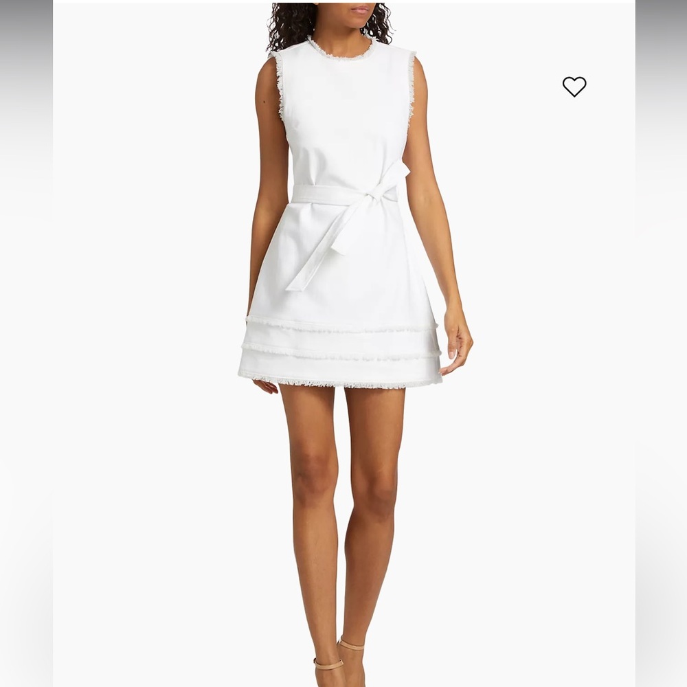cinq a sept White Sleeveless Fringe-Trim Mini Dress with Tie Waist